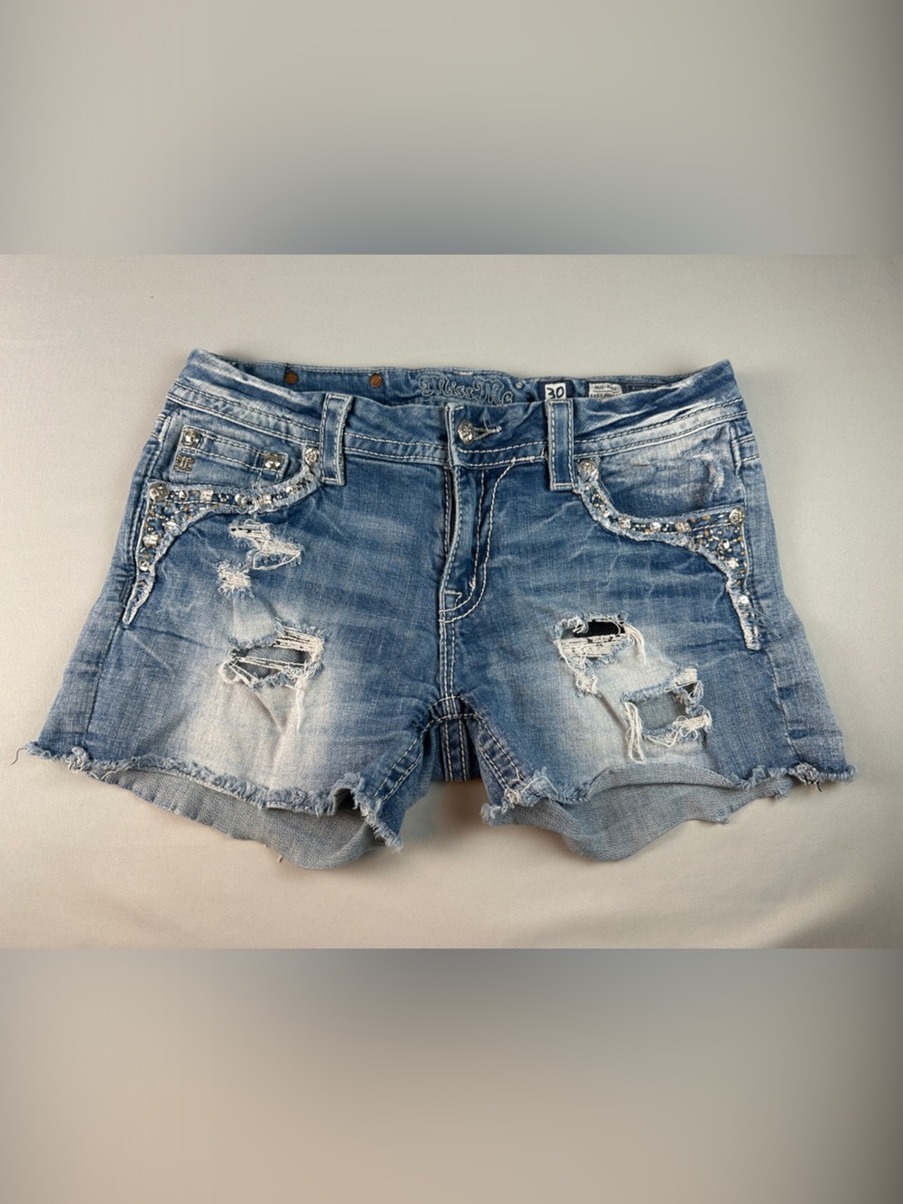 Miss Me Shorts Destroyed Embellished Distressed Denim Jean Raw Hem Size 30
